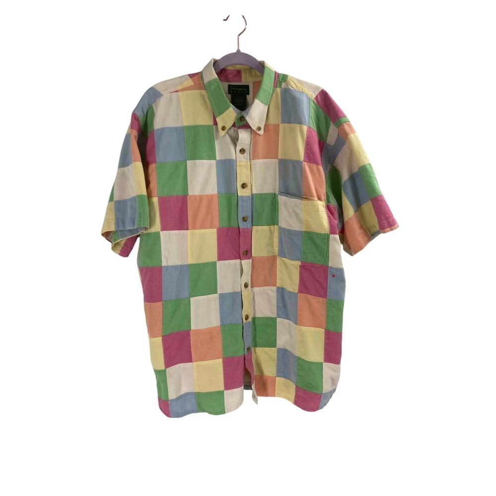Vintage Scandia Woods Madras Patchwork Button Up Short Sleeve Shirt Golf Men 2X